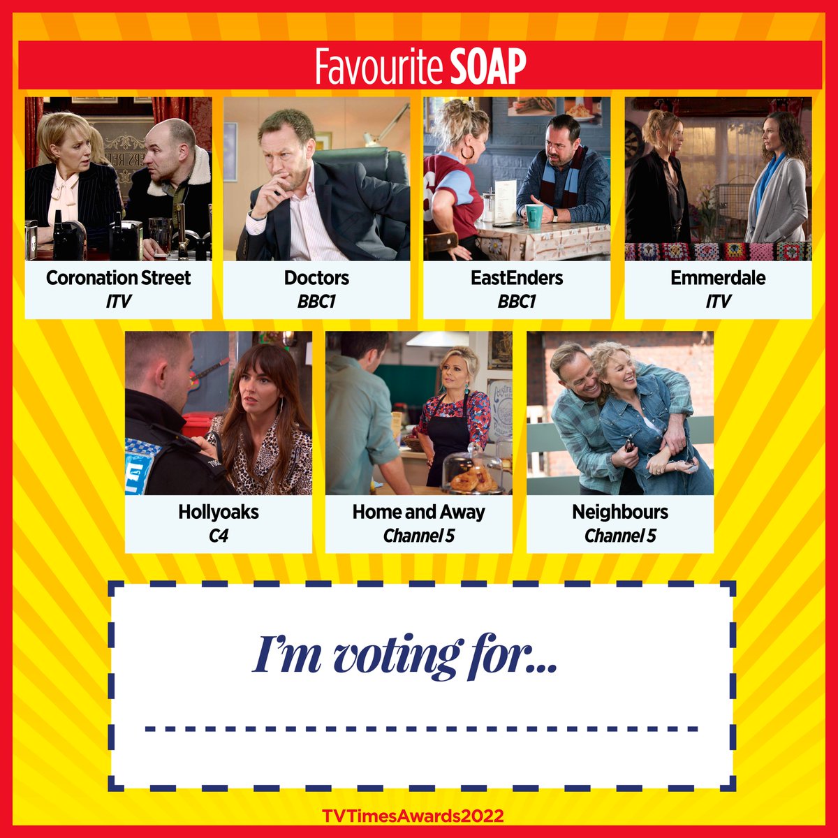 Love your soaps? Cast your vote! #EastEnders #Emmerdale #CoronationStreet #Doctors #Hollyoaks #HomeAndAway #Neighbours #Corrie 📺⌛️#FAVOURITESOAP #TVTimesAwards2022 VOTE HERE: bit.ly/3LV1o3s *Voting closes at 11.59pm 14 Oct 22. Your votes count, so tell your friends!