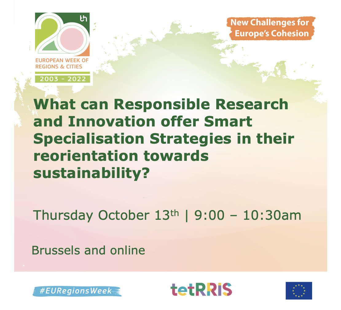 Will you be joining us online or in #Brussels for a workshop for the <a href="/tetRRIS_project/">TetRRIS</a> to explore how #RRI can support the transition from smart specialisation strategies to include #sustainability? 

Join us here: buff.ly/3xpmBfW 

#EURegionsWeek #SmartSpecialisation
