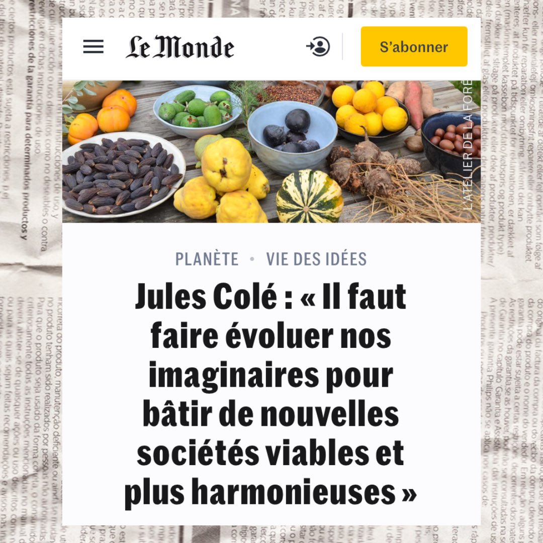 julescole_'s tweet photo. Ma tribune pour @lemondefr, disponible aujourd’hui dans tous les journaux et gratuitement en ligne 🌻💫

« Il faut faire évoluer nos imaginaires pour bâtir de nouvelles sociétés viables et plus harmonieuses » 

👉 Quelques réflexions et pistes d’actions

https://t.co/6TwkcNwDSs https://t.co/6MKzNXRGge