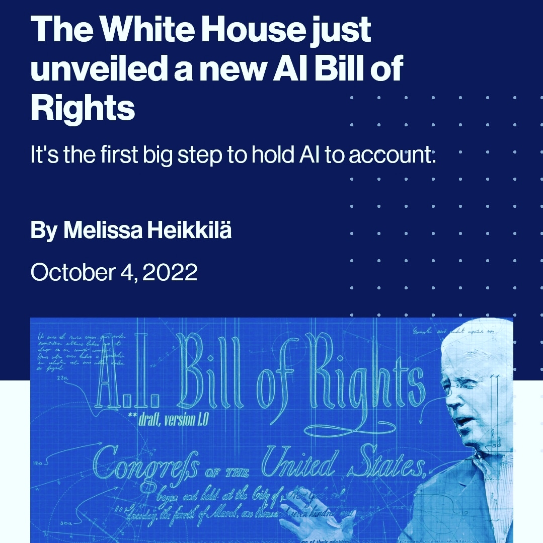 RustumUsman's tweet image. Biden has today unveiled a new AI Bill of Rights, which outlines five protections Americans should have in the AI age. 
MIT Technology Review 

 #ai #privacy #tech #aibill #aiethics #usa
