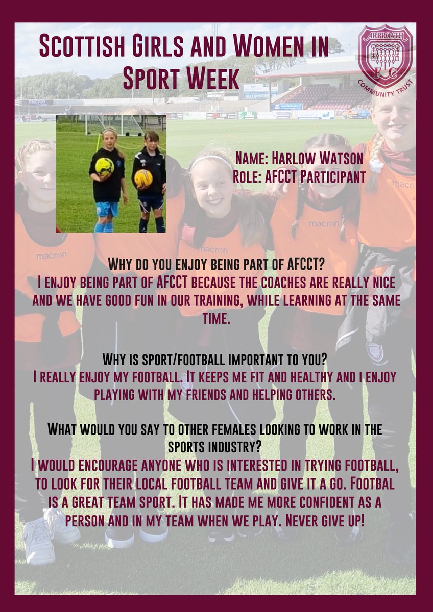 Scottish Girls and Women in Sport Week -Spotlight🔆

Today we focus on two AFCCT footballing stars! 

If you have a daughter or are considering starting football, then read what Evie and Harlow have to say!

#SheCanSheWill | #FootballForAll
