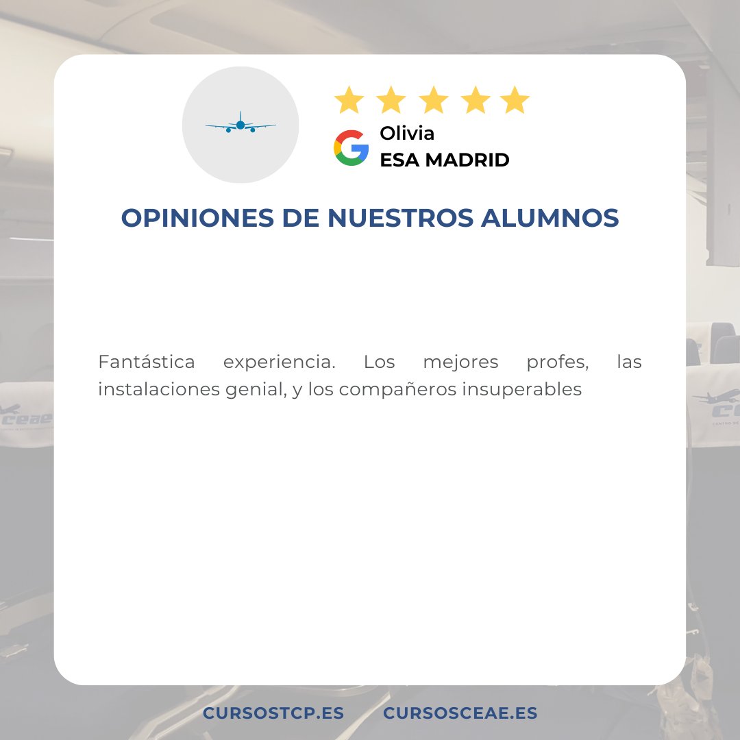 ESA_Madrid's tweet photo. Testimonio de OLIVIA, alumna de #MADRID, tras realizar el #cursoTCP en nuestro centro. ¡Gracias! #nosvemosvolando https://t.co/NSdqkPbWzx