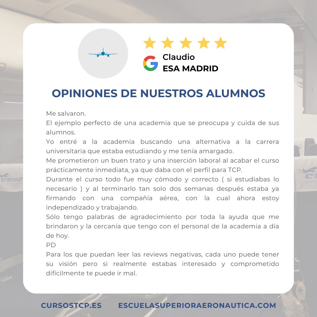 ESA_Madrid's tweet photo. Testimonio de CLAUDIO, alumna de #Madrid, tras realizar el #cursoTCP en nuestro centro. ¡Gracias! #Nosvemosvolando https://t.co/D7tGSmiPY5