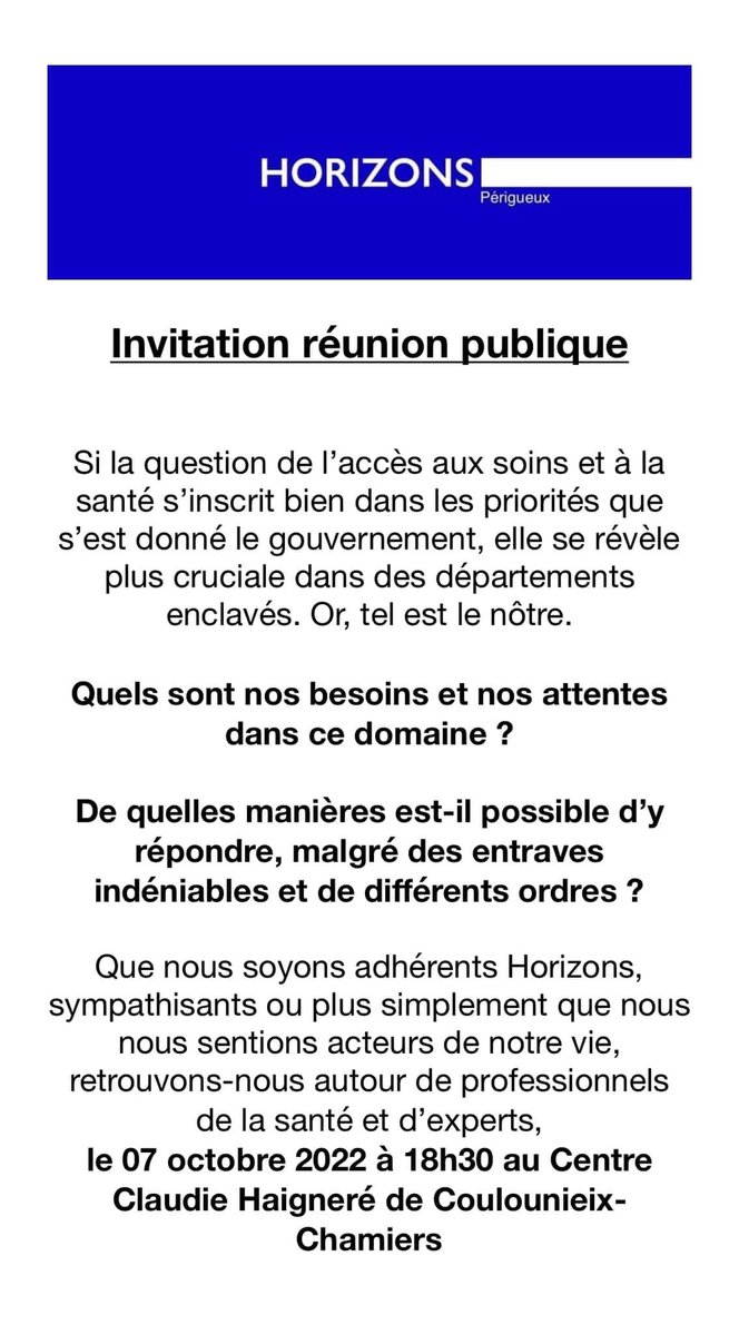 🔵⚪️ N’oubliez pas la réunion de rentrée Horizons Dordogne !
Retrouvons-nous demain autour d’experts et professionnels de la santé !
👇
À 18h30 au Centre Claudie Haigneré, 
24630, Coulounieix-Chamiers.

Nous vous attendons ! 

#Horizons #Sante