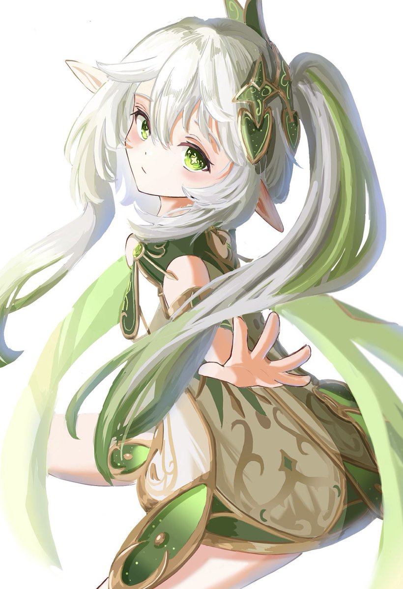 nahida (genshin impact) 1girl solo green eyes pointy ears dress long hair side ponytail  illustration images