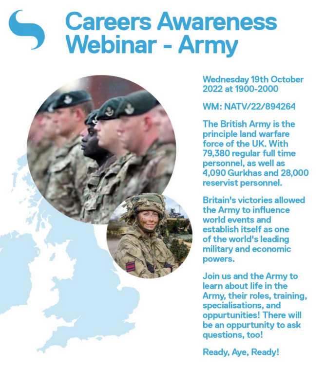Interested in a career in The Army?
Not sure what to do after school or college?
Come along to this webinar
Express your interest on the Sea Cadet Portal 
Westminster activity code: NATV/22/894264
Webinar date: Wednesday 19th October 2022 from 1900hrs.

 #EasternArea #TeamDanae