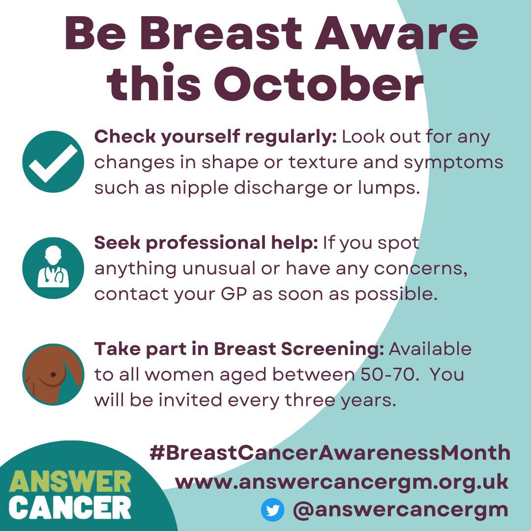 Be Breast Aware this #BreastCancerAwarenessMonth!
Make sure you know the possible signs &amp; symptoms of breast cancer and check yourself regularly!
Contact your GP if you have any concerns and always take part in breast screening when you’re invited.
answercancergm.org.uk/cancer-screeni…