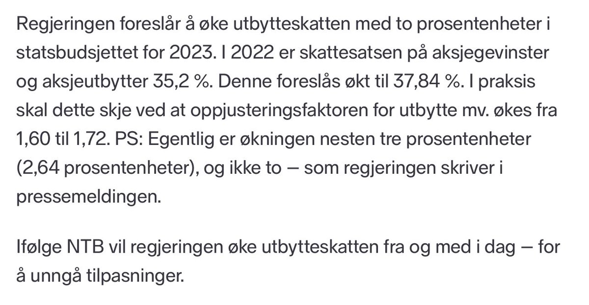 ♠️Spar i fond å aksjer sier de🧠
Utbytteskatt 🆙
(35,2%🔜37,84%) 
#few #fintwit