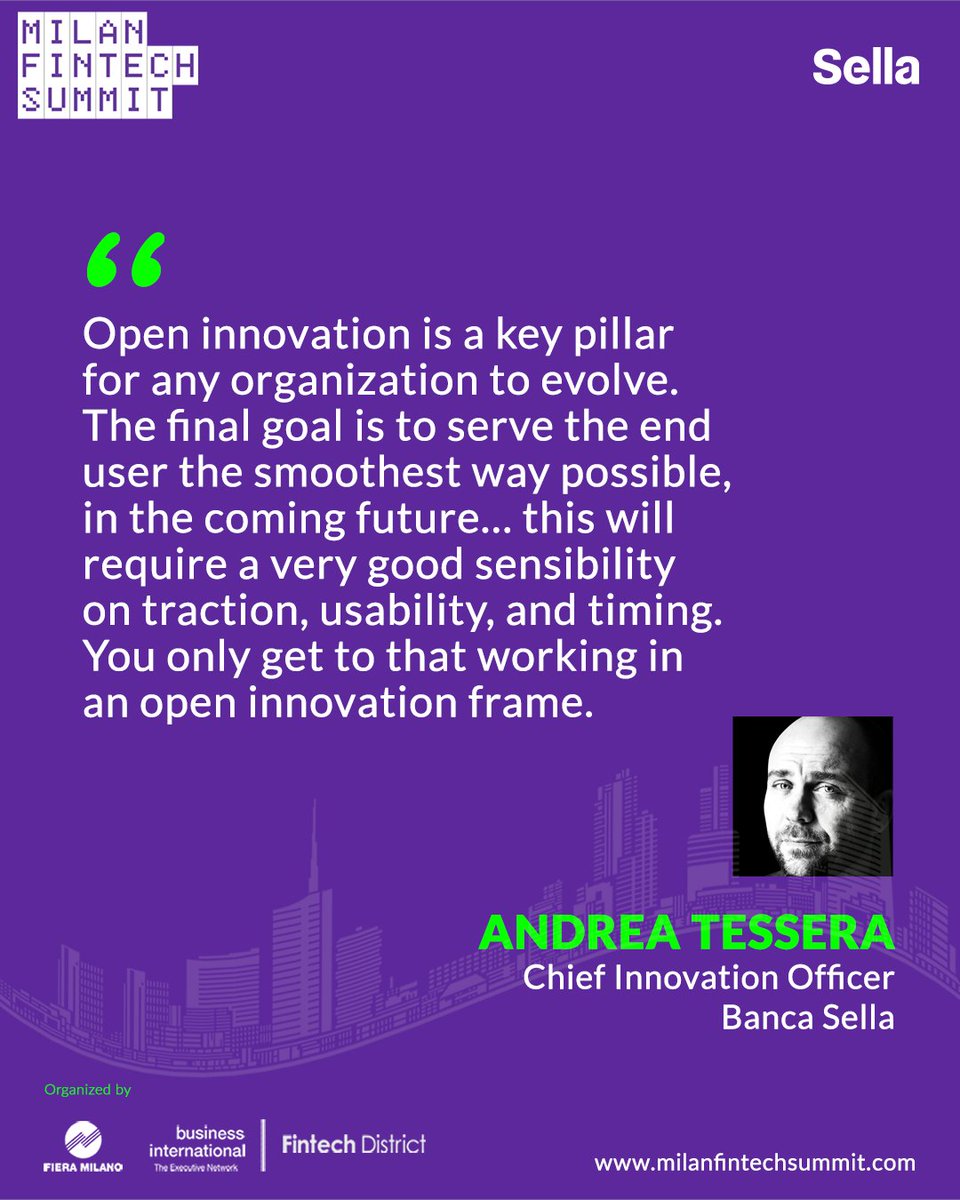 BancaSella's tweet photo. Seconda giornata al📍@MilanSummit.
Andrea Tessera, Chief Innovation Officer in Banca Sella, durante la tavola rotonda "Enjoy Fintech, responsibly” da lui moderata ha parlato di #openinnovation.
Un pilastro fondamentale per qualsiasi organizzazione che voglia accelerare #MFS22 https://t.co/WeuJp74L9z