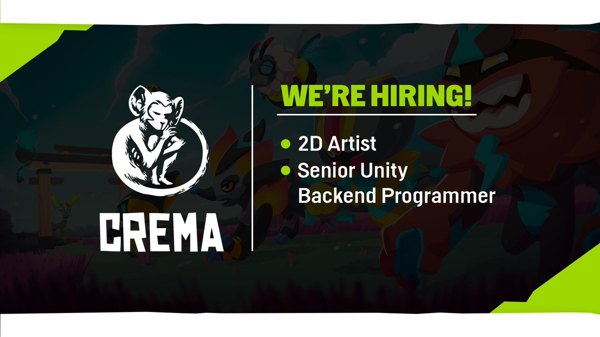 Estamos buscando personal! 🗣 We're hiring!

This is your chance to become part of the team behind <a href="/PlayTemtem/">Temtem 👽 Patch 0.8 now live!</a> and <a href="/ImmortalRedneck/">Immortal Redneck</a>! 

Take a look at the offers here:
🐒crema.gg/careers/