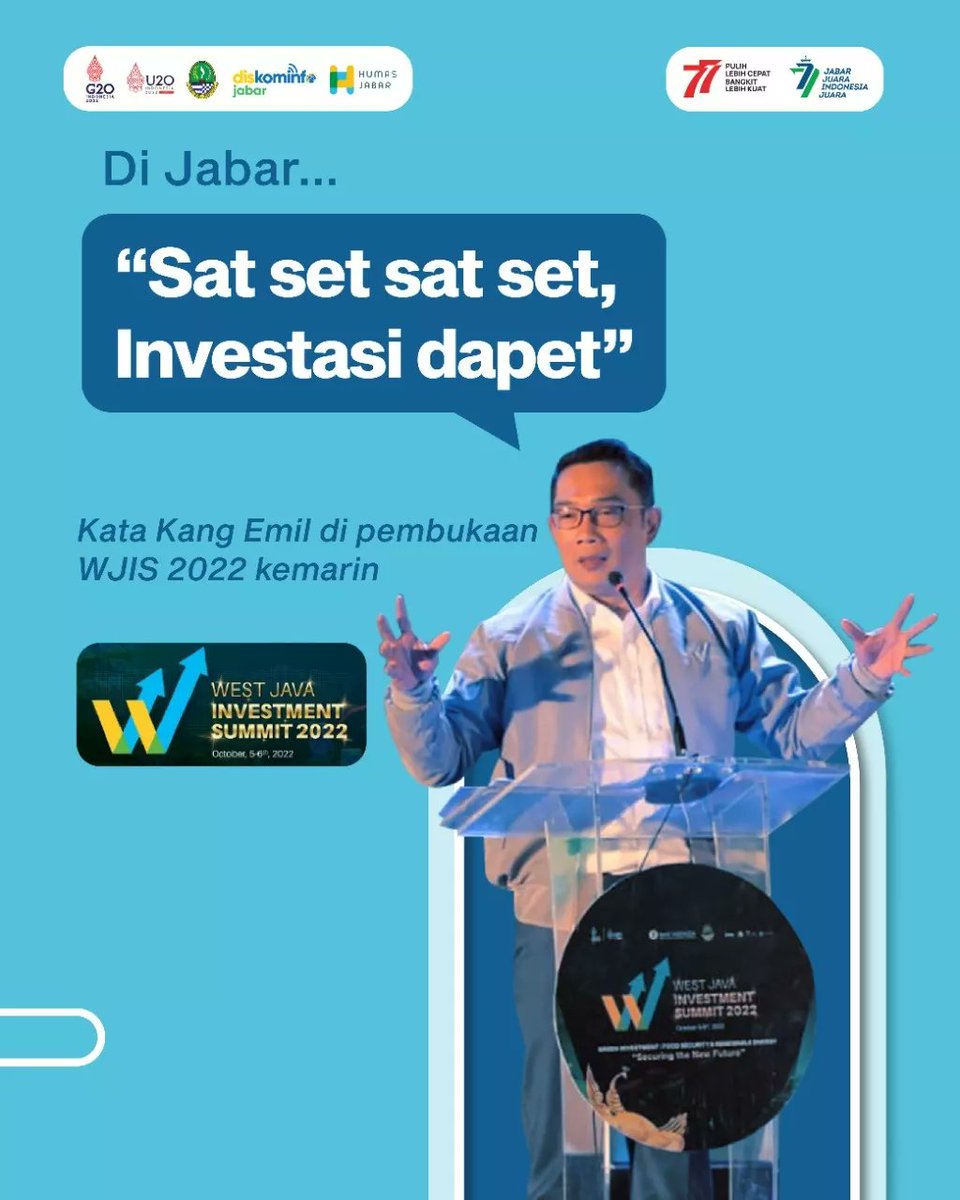 humasjabar's tweet photo. #QuotesRidwanKamil : "sat set sat set, investasi dapet." Yuk, dukung proyek investasi Jabar di #WJIS2022 agar berjalan lancar dan sukses! 😉

@ridwankamil @dpmptspjabar
#JabarJuara #RidwanKamil #WJIS2022 #SecuringTheNewFuture  #JabarGreenInvestment https://t.co/qF5apHXusS
