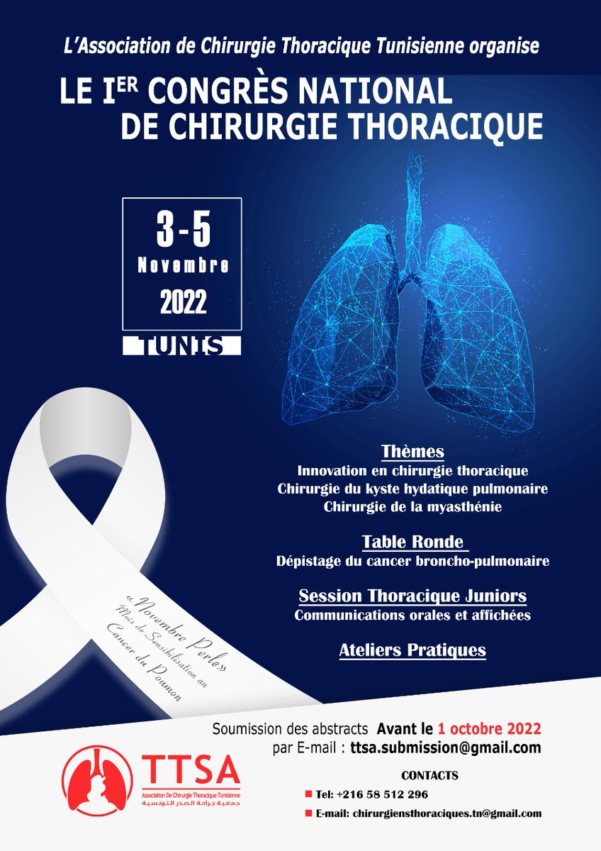 STMRA2's tweet image. Rappel de la date limite de soumission de résumés pour le premier congrès national de chirurgie thoracique ce soi minuit - mailchi.mp/51888a1c49ba/t…