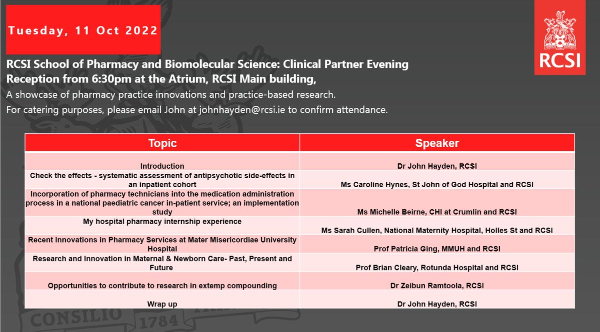 If any pharmacy staff would like to come along to our practice research and innovation evening at <a href="/RCSIPharmBioMol/">RCSI School of Pharmacy and Biomolecular Sciences</a> next Tuesday 11th, please get in touch.