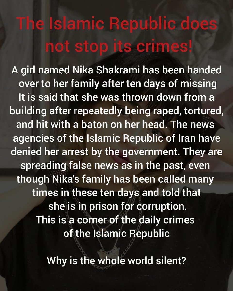 SOS
Be our voice
@ICRC    @YourAnonSpider    @UN 
@BBC   @CNN     @nytimes
@washingtonpost
#نیکا_شاکرمی
#مهسا_امینی
#اعتصابات_سراسری
