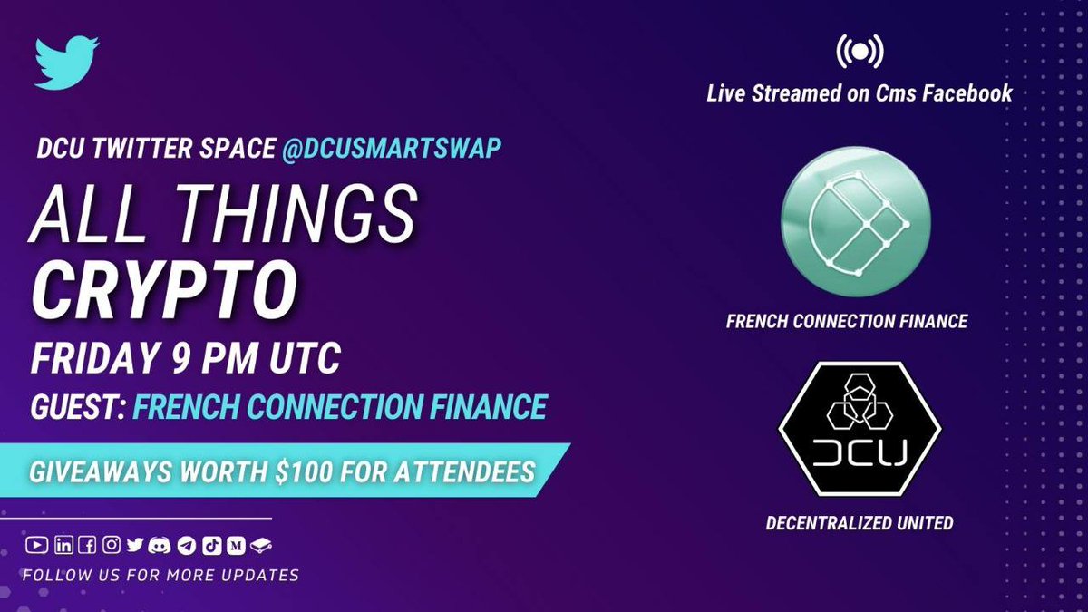 DCUsmartswap's tweet photo. Announcement!
Twitter space by $DCU
"All Things Crypto" 
in association with 
@FCF_Bsc

Date: Friday, October 07, 2022
Time: 09 pm UTC
Place: https://t.co/4oIsgsCfPr

Live streamed on CMS Facebook

$100 worth BUSD giveaway for the attendees

#DCU #FCF #BNB #BTC #BSC #crypto #ETH https://t.co/51ATZv9rWL