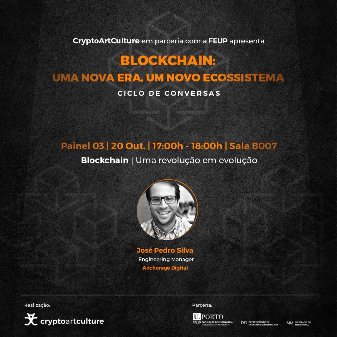 CryptoArtCult's tweet photo. Blockchain: an evolving revolution with @jpsfs from Anchorage Digital >>> Find out all about the event and keep up to date...👉 Follow our page! @CryptoArtCult https://t.co/JFslRzxLd8