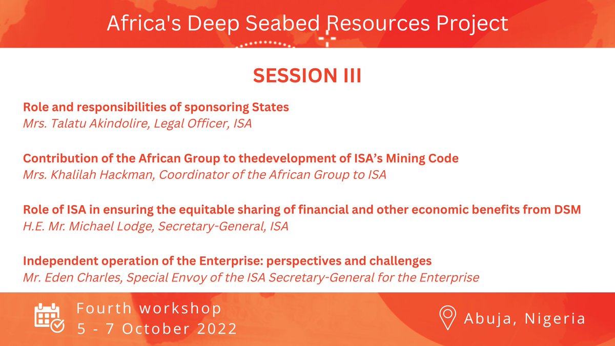 Day 2 of the fourth #ADSR workshop in Nigeria continues with Session III on prospection, exploration and exploitation on continental shelves and in the Area: bit.ly/3CdjFVe #capacitybuilding