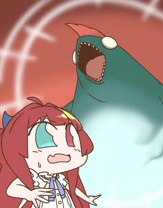 ロアちゃんの前に巨大シャケ現るロアちゃん鮭食べてる〜?お米と一緒に塩っぱい鮭を食べるのは美味しいロアちゃんは鮭ならどう食べるのが好きかな?鮭おにぎりを食べながらいつか教えてほしいよロアちゃんに美味しい鮭を〜 #ロアート 