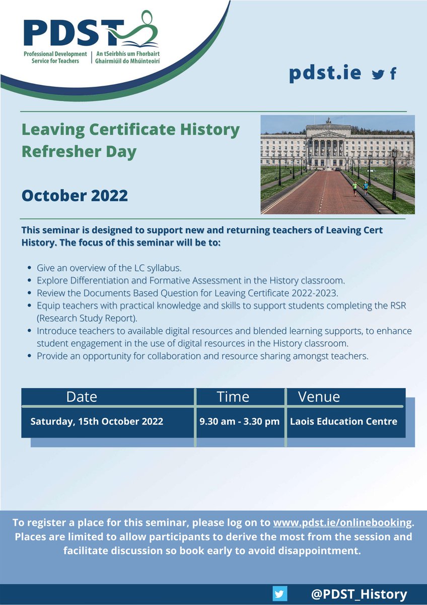 Leaving Certificate History Refresher Day 2022
To register a place go to pdst.ie/onlinebooking