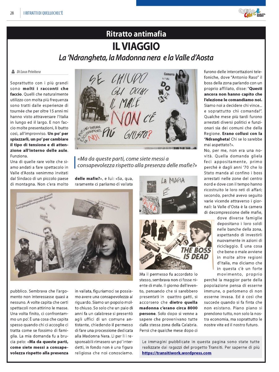 priviteraluca1's tweet photo. Tutti gli articoli di #transiti usciti su @Quellochece da luglio a ottobre. Se vi sono sfuggiti, leggeteli. Sono perle di amore e lucidità.
@regionetoscana @giovanisi @libera_annclm @liberainfo @Addiopizzo @antimafia2000 @stampoantimaf @controlacamorra @avvisopubblico @WikiMafia https://t.co/Lobhls49Ac