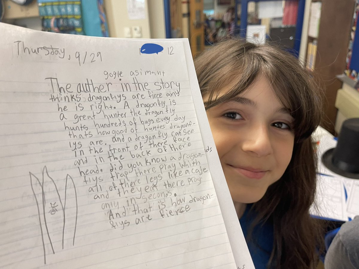 MrWeimann's tweet photo. This 3rd grader is one of the most amazing #writers I’ve come across in my 10 years of #teaching this grade. The structure, focus, and details that she provides is top notch.
This #WrittenResponse explains why the author thinks tiny dragonflies are fierce. @FountasPinnell https://t.co/n3jjrbJgtj