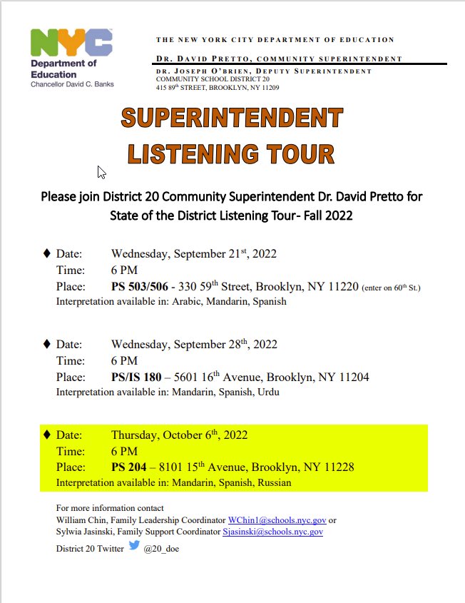 Russ_Lieberman's tweet photo. Join Us Tonight at PS204 at 6pm for the last stop on Dr.Pretto’s Listening Tour! #ALLMeansALL #D20Strong @20_doe @pretto_david @Lucia_Medina3 @DOEChancellor @DK_BlackburnNYC @ruxdanika https://t.co/QMBaNYSCbF