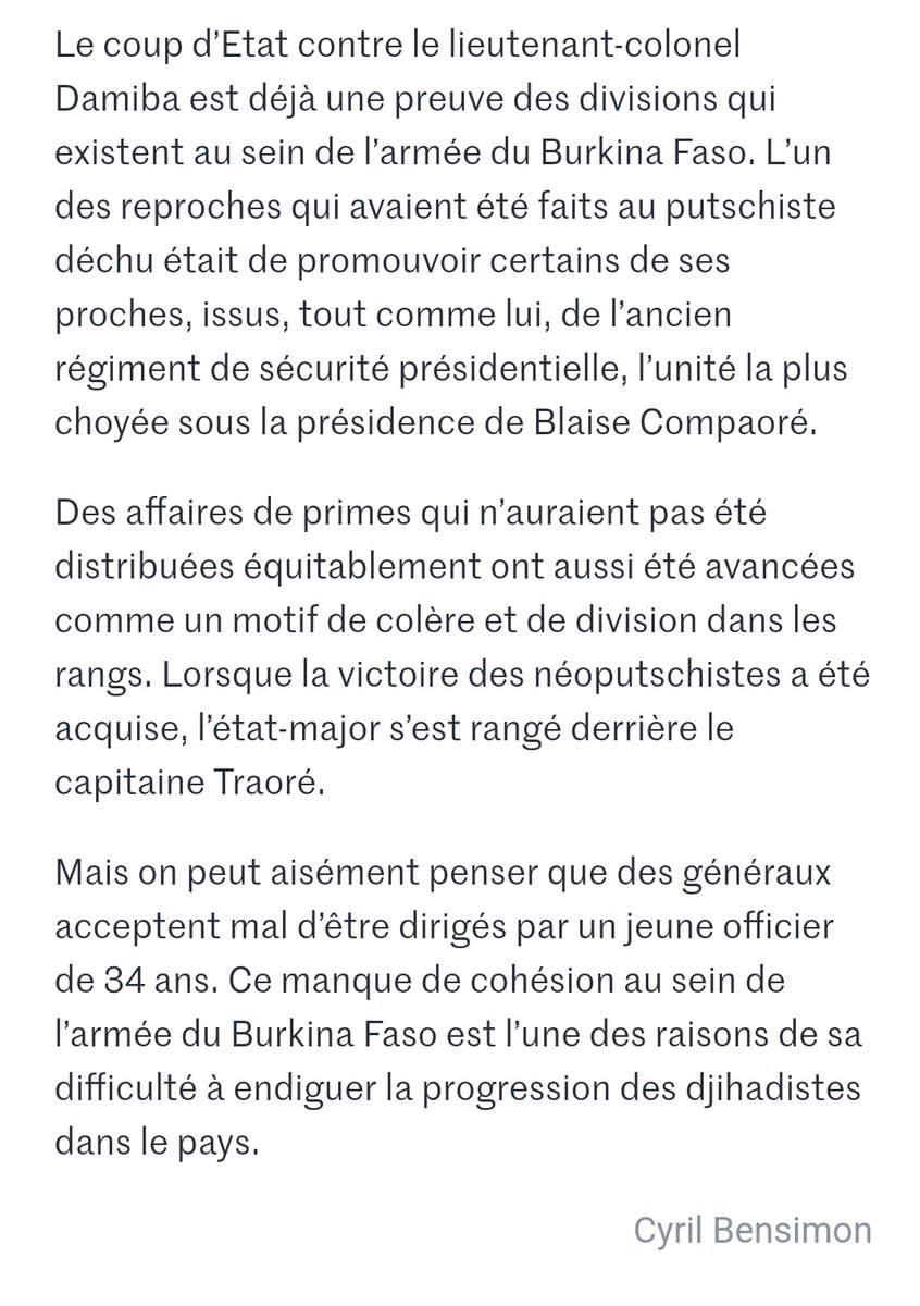 almouslime's tweet photo. 🇧🇫:Le coup d’Etat contre Damiba est déjà une preuve des divisions qui existent au sein de l’armée du Burkina. L’un des reproches qui avaient été faits au putschiste déchu était de promouvoir certains de ses proches, issus, tout comme lui, de l’ancien RSP. des affaires de primes. https://t.co/kJUvZfOhIn