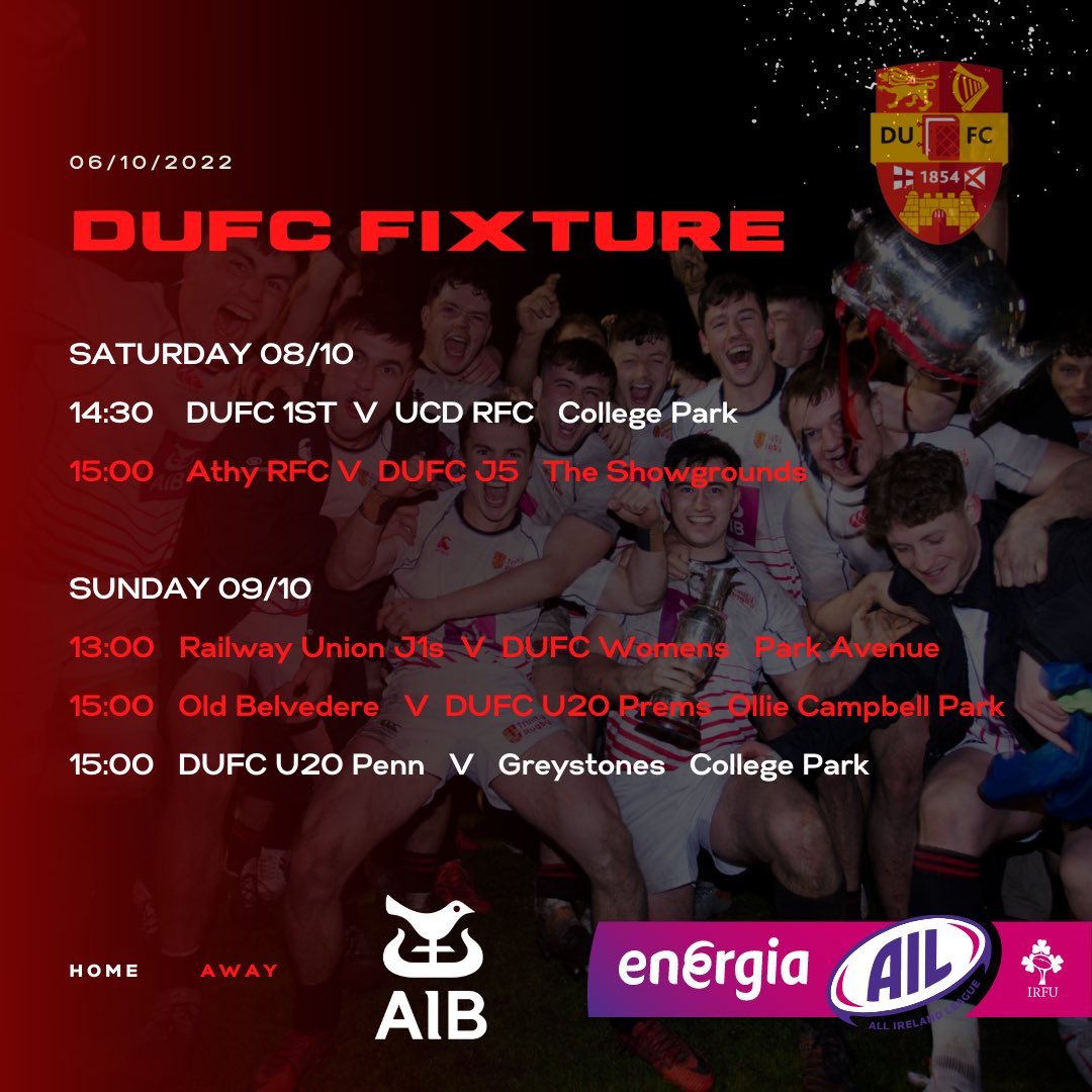 DUFCRUGBY's tweet photo. ⚫️🔴🐻🐻🐻🔴⚫️

Big week for DUFC! Massive games across the board both home and away! Come along and show your support!

All fixtures and details in the post above! 

@tcdsport 
@energiaireland 
@aibireland 
@irishrugby https://t.co/ywr1tap7EM
