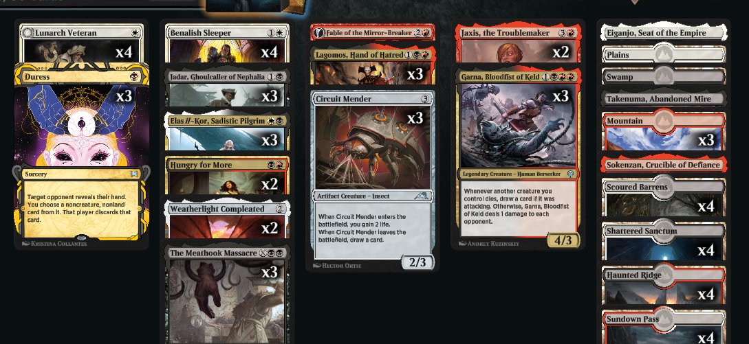 I really like aristocrats style decks/grindy magic. Been enjoying playing this deck over a lot of iterations. This version has good matches against aggro decks, runs 50/50 vs a lot of other decks. Struggles with superfriends and board wipe tribal.