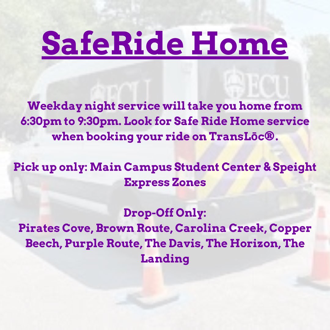 ECUTransit's tweet photo. Need a ride home at night? Check out our SafeRide Home Service! 🚐💜💛 https://t.co/aWpLxnglAn