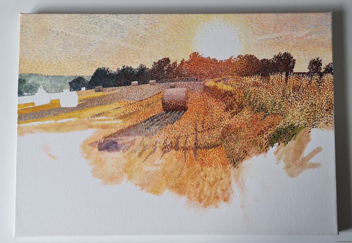 marklangleyart's tweet photo. A new work in progress. Setting sun over a hot July Shottle field with hay bales.
#Heatwave2022 #harvest22 #shottle #derbyshire #Countryside #English #oilpainting #paint https://t.co/EkqiQAFGQT