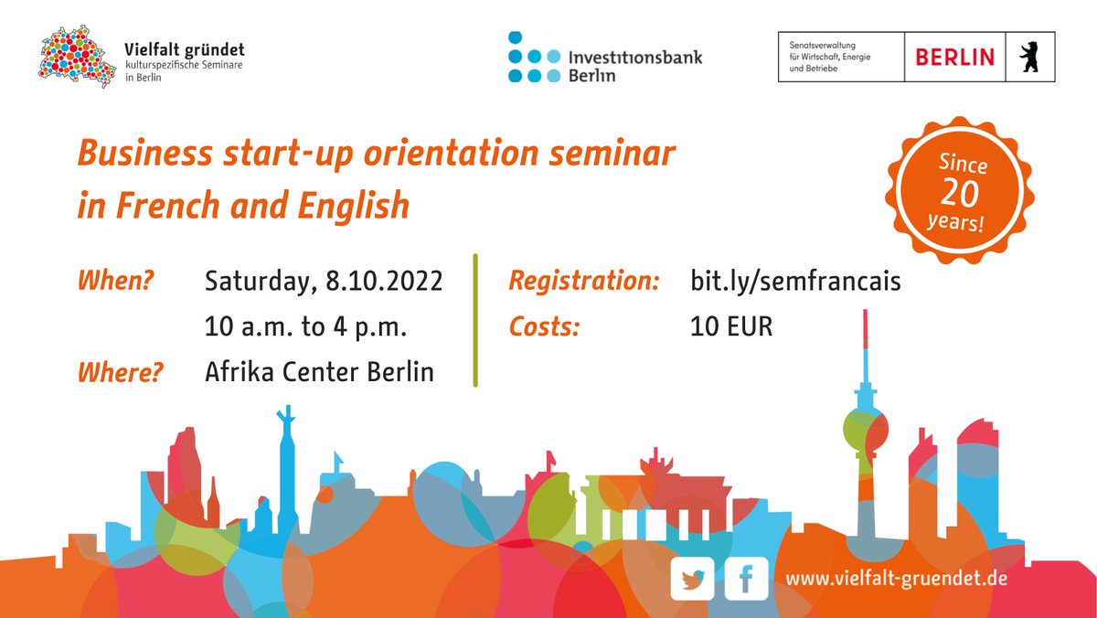 Vielfalt_Berlin's tweet photo. Veranstaltungsreminder: Am Samstag, den 8. Oktober findet unser Existenzgründungsseminar auf Deutsch, Französisch und Englisch statt! Das Seminar wird live gedolmetscht.

Bonus: Teilnehmende erhalten ein kostenloses @deGUT-Ticket!

Jetzt noch bis Freitag, 16.00 Uhr anmelden. https://t.co/mWQ4NX6VpN