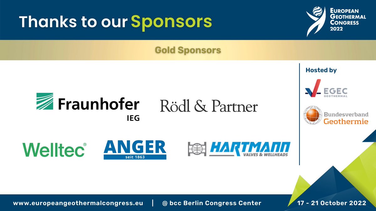 #ThankYou to our amazing gold #sponsors:

➡️<a href="/Fraunhofer_IEG/">Fraunhofer IEG</a>
➡️<a href="/roedl/">Rödl & Partner</a>
➡️Welltec
➡️Anger's Söhne
➡️Hartmann Valves

We look forward to seeing you all at the #EGC2022

Be quick ⏱️ to register for the #congress, it's the last week to do so online👉bit.ly/3SyTa4c