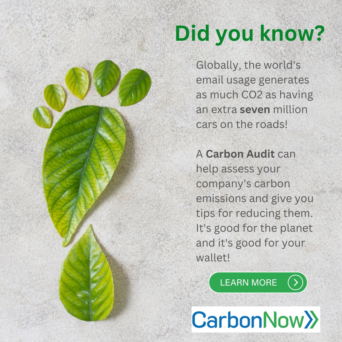 CarbonNow can help you on your journey to Net Zero by auditing your organisation's carbon emissions and providing you with recommendations on how to become Carbon Neutral. Book your Carbon Audit now: lnkd.in/eU8eCefm

#smallbusiness #sme #carbonfootprint #carbonneutral