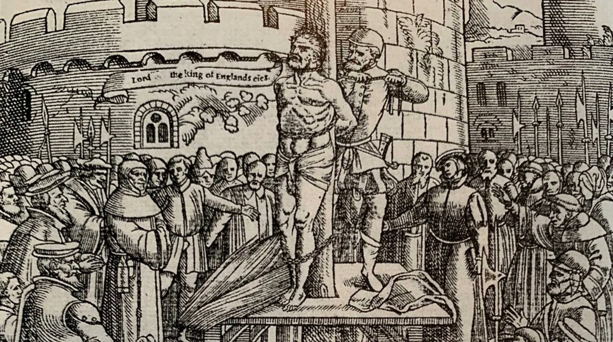 DustinBenge's tweet image. On this day, in 1536, William Tyndale was strangled and burned at the stake for translating the Scriptures into English for the common man. 

His final words, “Lord, open the King of England’s eyes.”