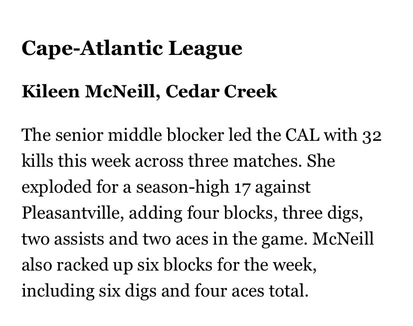 Congrats <a href="/kileenmcneill/">Kileen McNeill</a> on being named NJ.com’s CAL Volleyball Player of the Week!