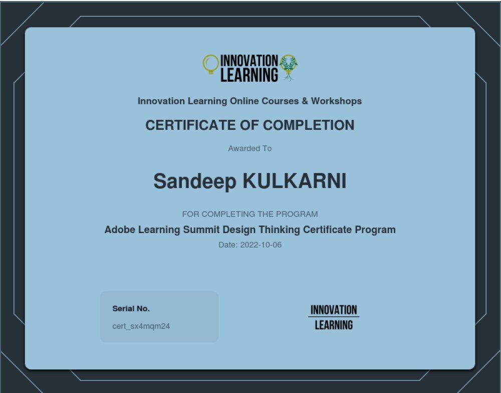 sandeep6372's tweet photo. I completed the Adobe Learning Summit Design Thinking Certificate Program by Darin Eich, Ph.D.

Thanks, Adobe Learning Summit 2022 team, for offering such a brain-opening Design Thinking certificate program during the #AdobeLearningSummit 2022 in Las Vegas.
#DesignThinking https://t.co/lXjV6qPU8s