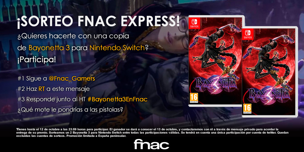 Fnac_Gamers's tweet photo. Lanzamos un nuevo sorteo de... ¿15 HORAS?🤯

¿Quieres hacerte con una copia de #Bayonetta3 para #NintendoSwitch?🧙‍♀️

✅Sigue a @Fnac_Gamers
✅RT
✅Responde junto al HT #Bayonetta3EnFnac ¿Qué mote le pondrías a las pistolas?🔫

Sorteamos 2 unidades👇👇
https://t.co/TV0Z1fWEYg https://t.co/oBP7r7ueEk