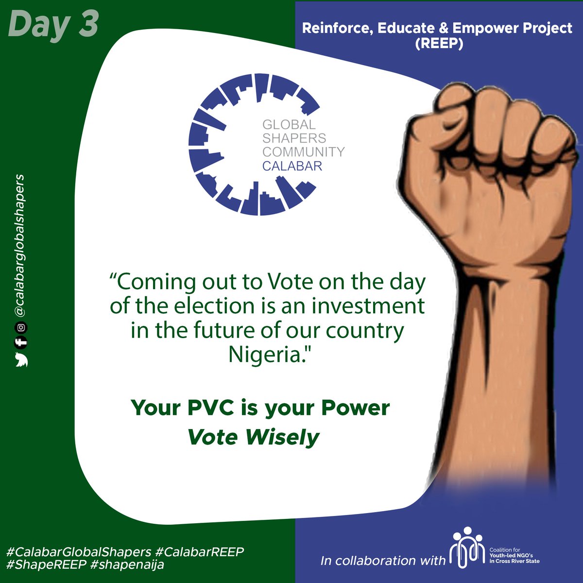 CalabarShapers's tweet photo. DAY 3 ✊🇳🇬

@globalshapers
@calabarshapers
@wef
@globalgoalsUN
@inecnigeria
@YIAGA
 #CalabarGlobalShapers
#CalabarREEP
#ShapeREEP
#Shapenaija https://t.co/RGPJWCBYuw