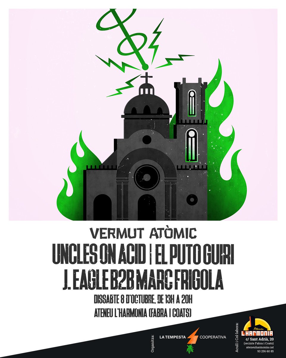 AteneuHarmonia's tweet photo. 🎵I a les 13 h torna un nou vermut atòmic! Música fins les 20 h amb @unclesonacid i DJs com Jordi Aguilà, Marc Frigola i El puto guiri, en un acte organitzat per @latempestacoop. 

Una proposta que ens farà ballar amb melodies contagioses i himnes internacionals!🤟 https://t.co/pDnoDVBswv