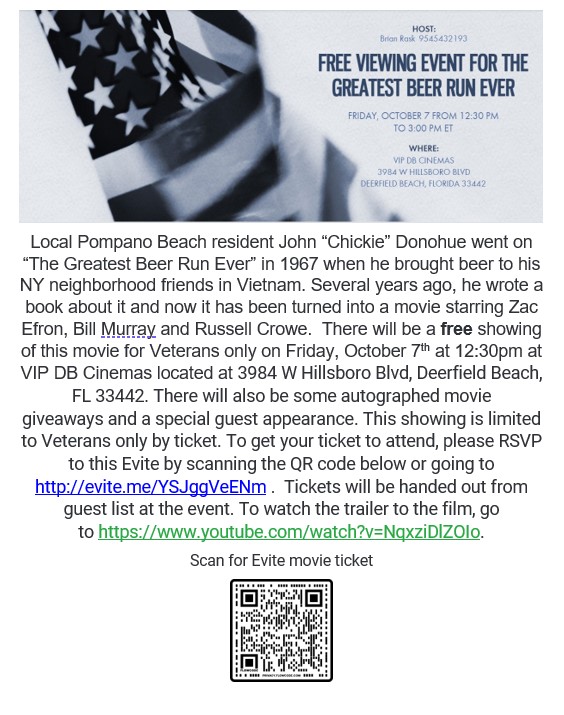 DrBrianRask's tweet photo. Free movie showing for veterans to The Greatest Beer Run Ever, please announce today @CastronovoShow https://t.co/OxEaCGYRXd