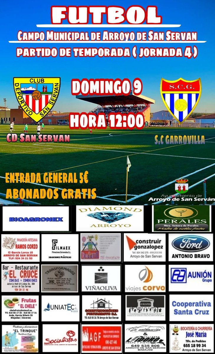 ‼️VOLVEMOS A VERNOS AFICIÓN‼️

Jornada 4️⃣

<a href="/CDSanServan/">CD San Serván</a> 🆚 <a href="/SCGarrovilla/">S. C. La Garrovilla</a> 

🗓 Domingo 9️⃣

⌚️ 1️⃣2️⃣:0️⃣0️⃣

🎟 Entrada general : 5️⃣ 💸

¿Te lo vas a perder?

#PorElSanserMiEquipo 

❤️🤍