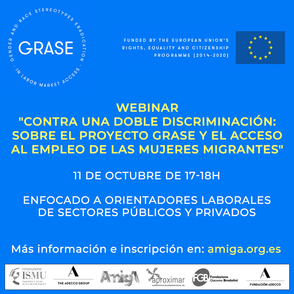 AsocAmiga's tweet photo. INVITACIÓN: Webinar “Contra una doble #discriminación: sobre el Proyecto GRASE y el acceso al empleo de las #mujeres #migrantes”

Dentro del marco del proyecto GRASE queremos invitarte a participar en este webinar que tendrá lugar el 11 de octubre de 2022 de 17-18h. https://t.co/yuGB3j51TS