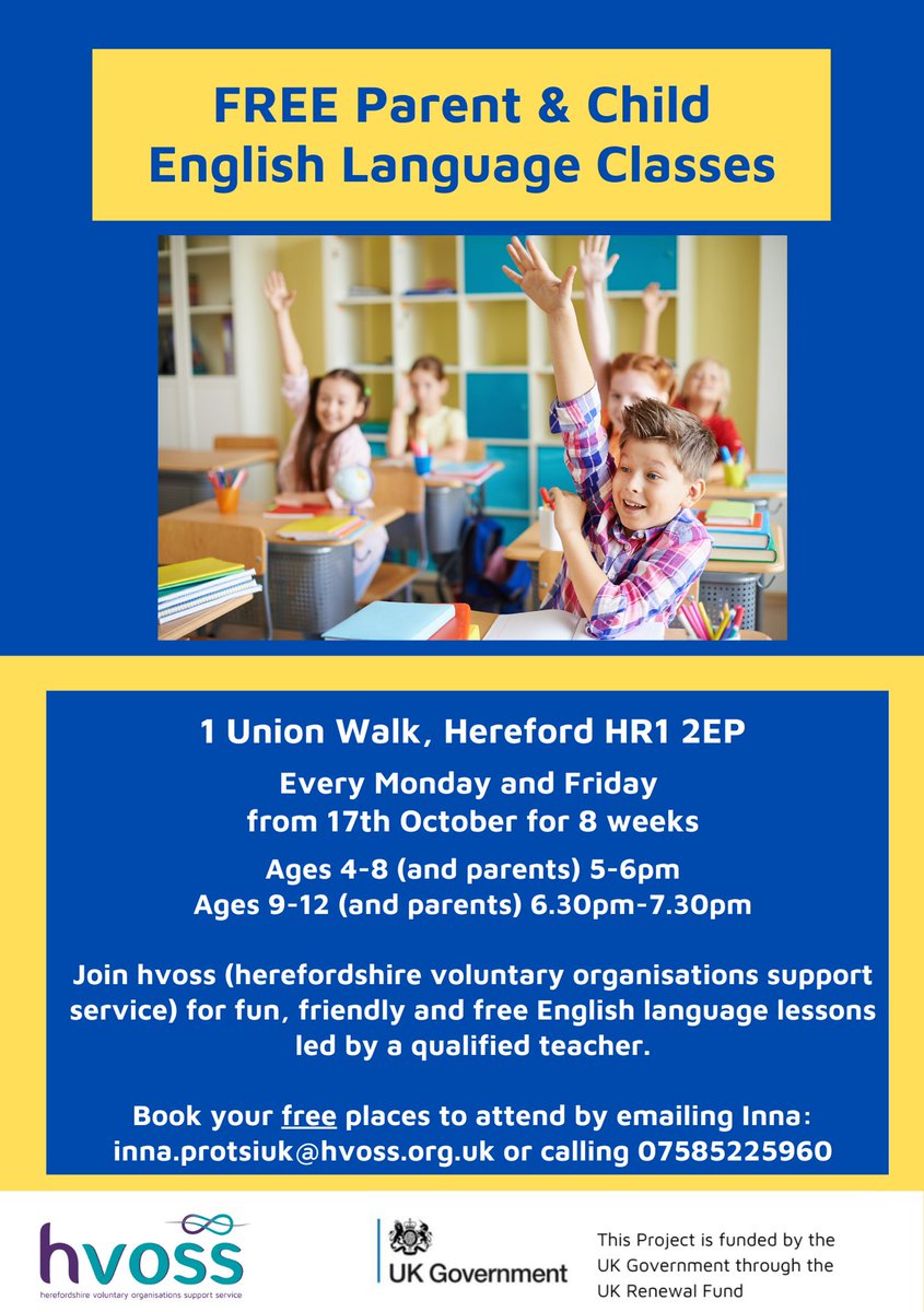 hvoss are delighted to be hosting free Parent & Child Language Classes for Ukrainian guests and their families starting on Monday 17 October.
Book your free place for this 8 week course by emailing Community Link Worker, Inna: inna.protsiuk@hvoss.org.uk 
#UKCommunityRenewalFund