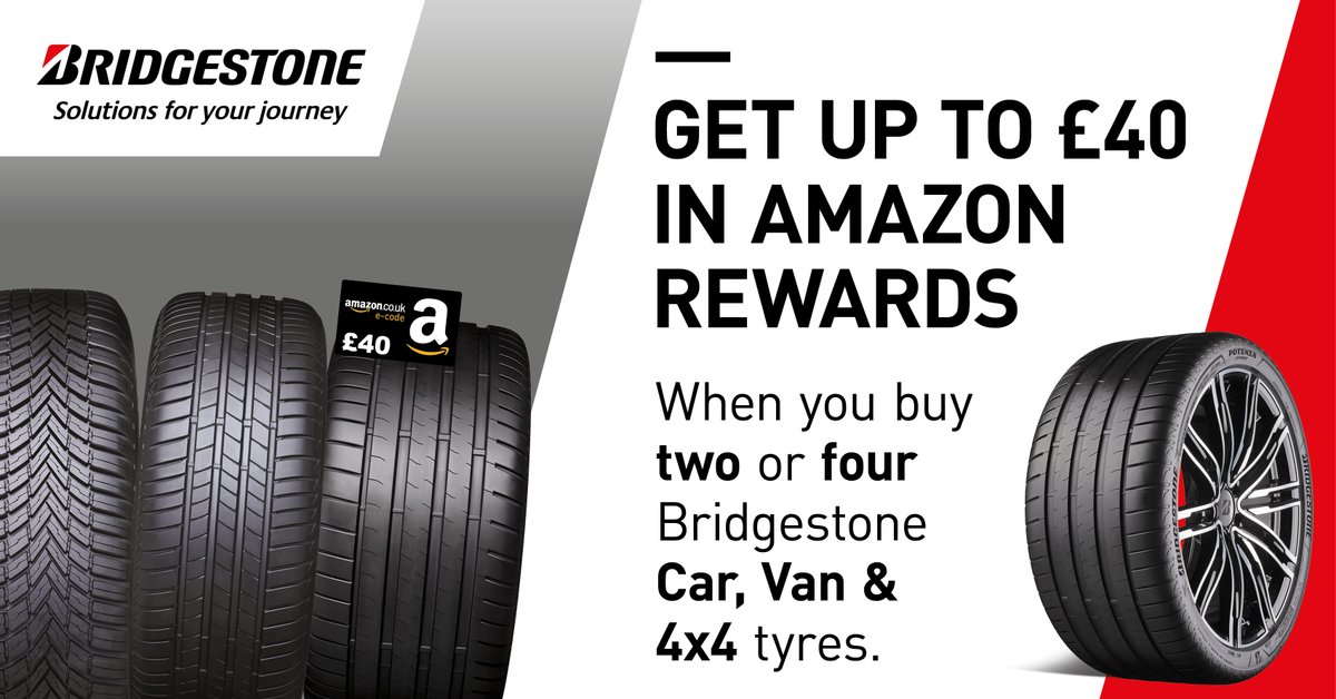 FirstStopTyreUK's tweet photo. Get up to £40 worth of Amazon vouchers when purchasing 2 or 4 @Bridgestone car, van or 4x4 tyres
online or in store, and claim your FREE Amazon e-code voucher to spend on goodies of your choice!

T&amp;Cs apply.

#firststop #firststoptyres #amazon #amazonpromotion https://t.co/TPuUV00qsd