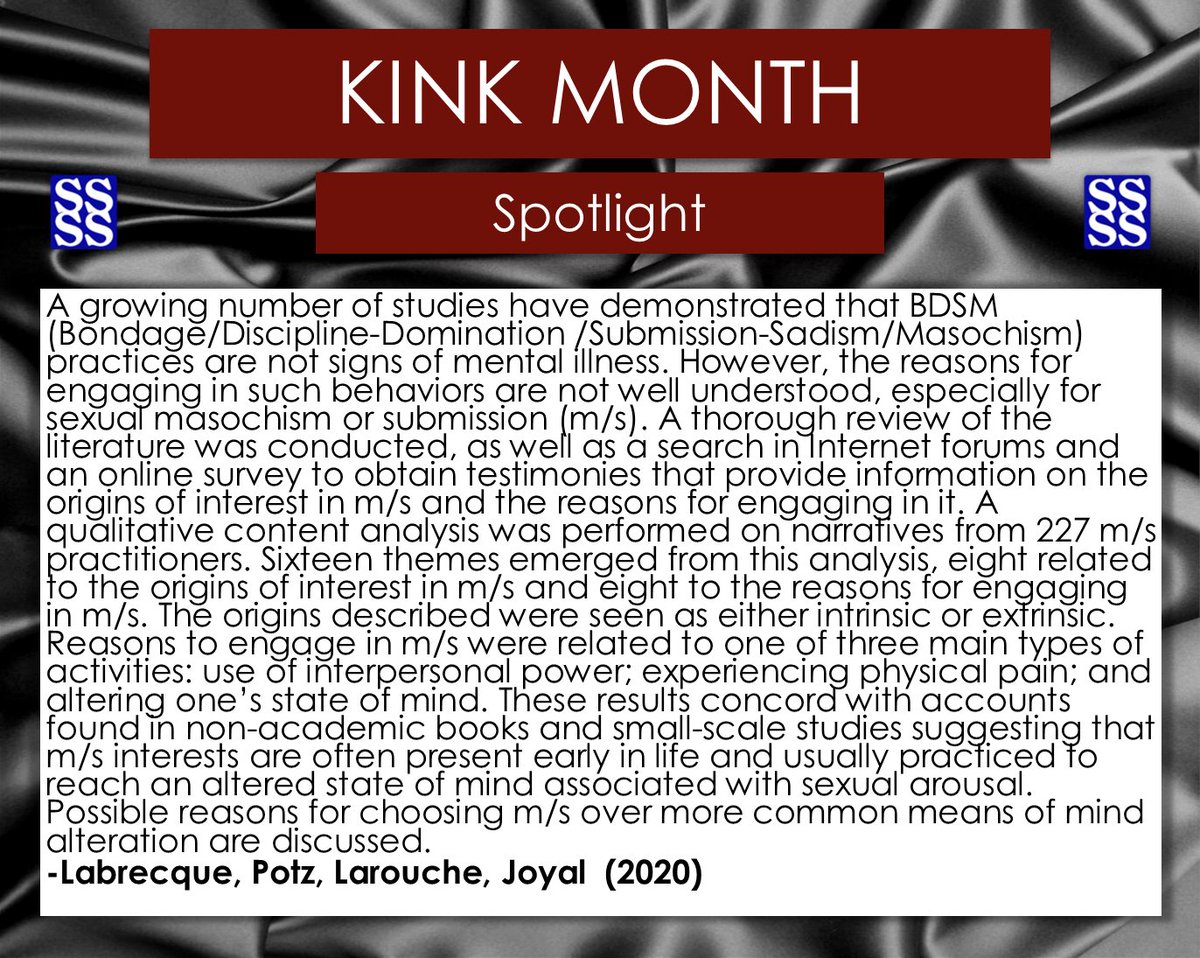 #StudySpotlight #KinkMonth #JSexResearch
What Is So Appealing About Being Spanked, Flogged, Dominated, or Restrained? Answers from Practitioners of Sexual Masochism/Submission
Frédérike Labrecque, Audrey Potz, Émilie Larouche, & Christian C. Joyal
doi.org/10.1080/002244…
