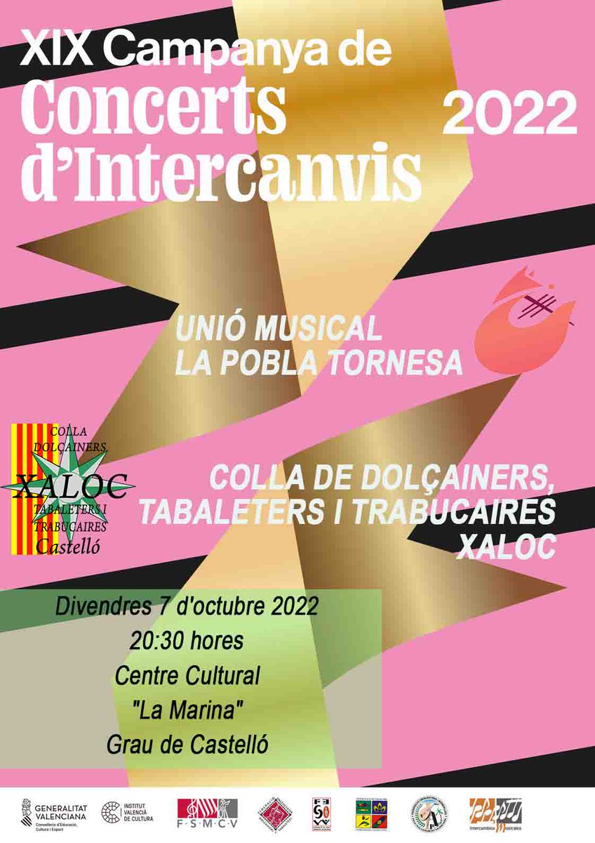 El divendres dia 7 A LES 20.30 a l'auditori del Centre de Cultural la Marina de Castelló
 XIX Campanya de Concerts d'Intercanvis. amb la Banda  UNIO MUSICAL DE LA POBLA TORNESA.

Vos esperem