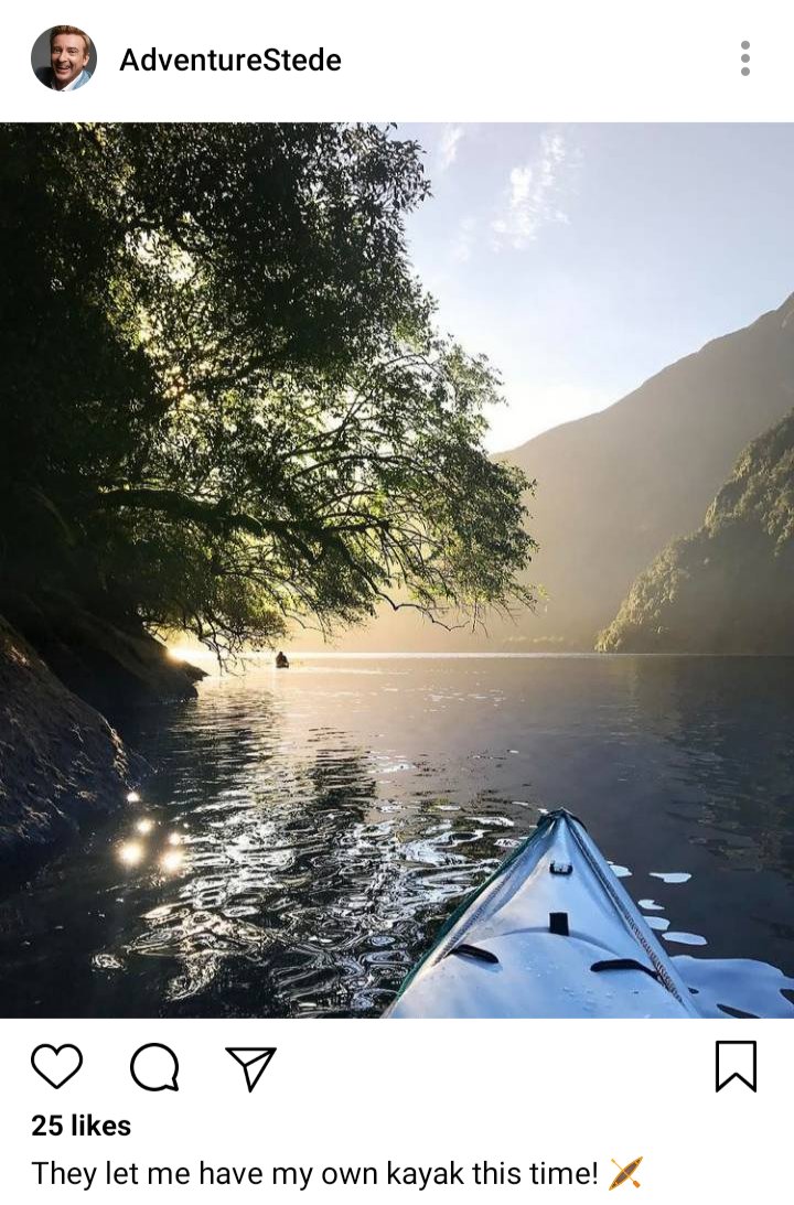 Stede's IG :Picture of fiord from kayak pov. Caption reads "they let me have my own kayak this time!" 