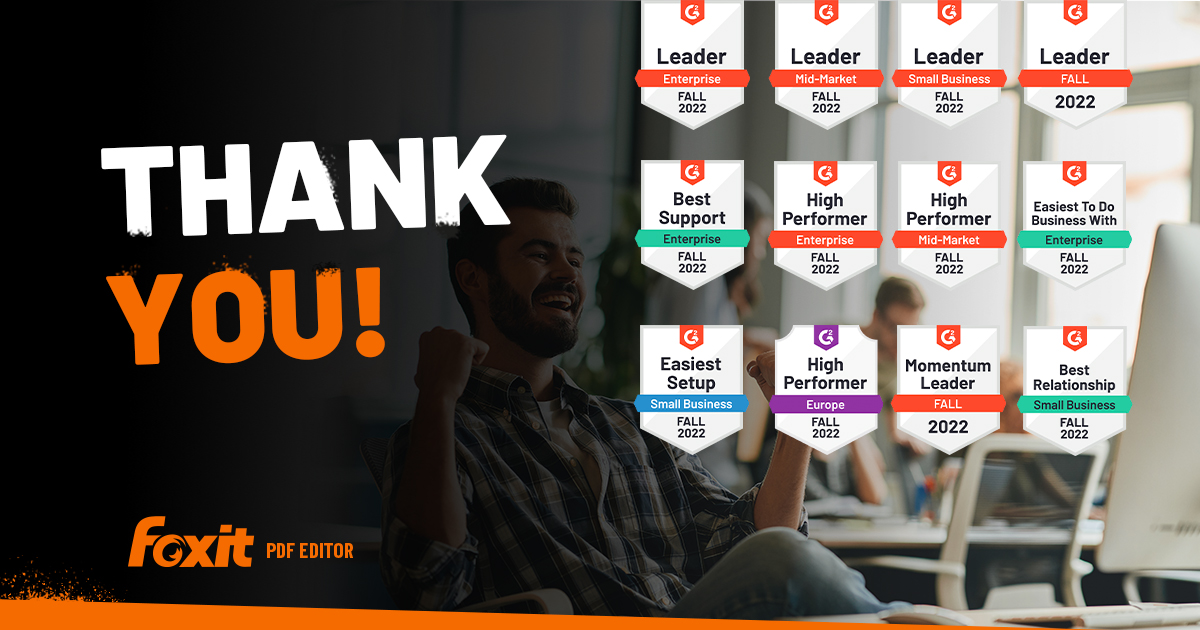 foxitsoftware's tweet photo. G2's Fall 2022 results are in! Big thank you to our amazing customers for their support and loving our product! #G2 #G2leader #Fallreport #highperformer #FoxitPDFEditor https://t.co/rm9ynC0p2u https://t.co/j1C2iB2Tq9