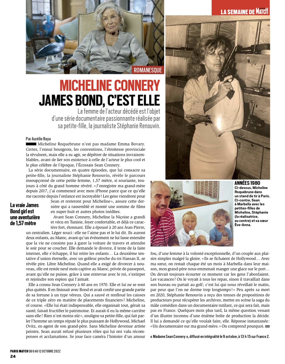 🗞 "MADAME SEAN CONNERY" dans la #presse avec <a href="/ParisMatch/">Paris Match</a>

Une série-documentaire signée <a href="/StefRenouvin/">Stéphanie Renouvin</a> pour <a href="/13h15/">13h15 France 2</a> présenté par <a href="/LaurentDelahous/">Laurent Delahousse</a>.

RDV dimanche 9 Octobre sur @France2tv